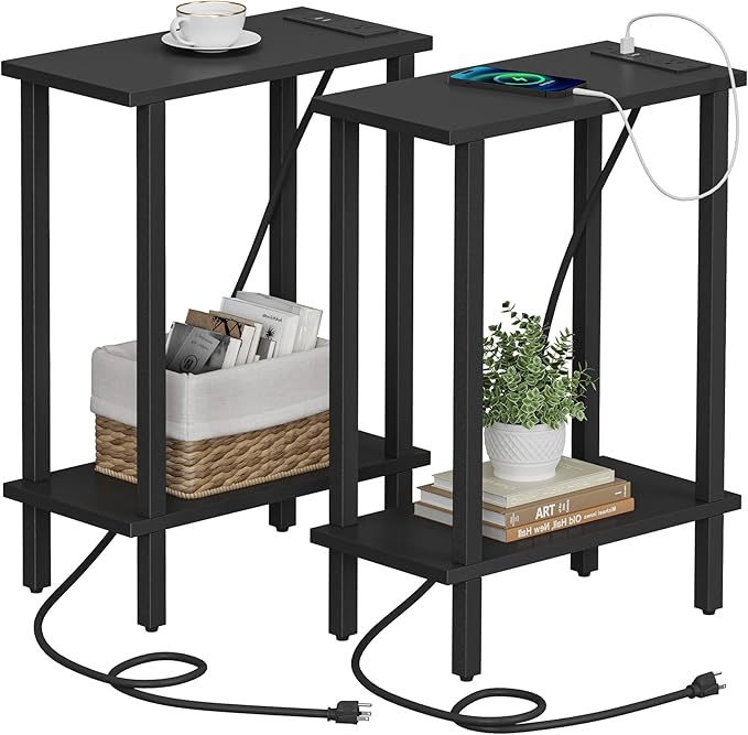 TUTOTAK Small End Table with Charging Station, Narrow Side Table with USB Ports