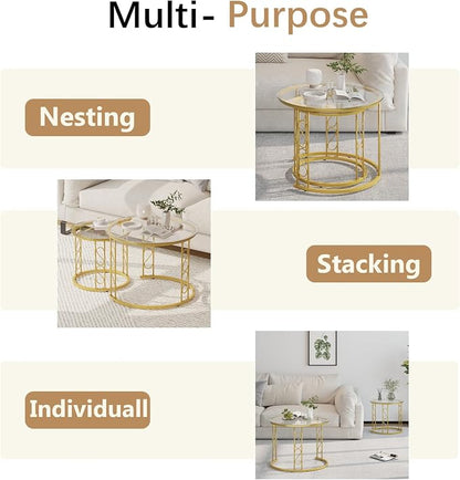 Garden 4 you Nesting Coffee Table, 23.6" Round Coffee Table Set of 2, Glass Nesting Table with Metal Frame, Ceter Tables for Living Room Bedroom Balcony, Gold