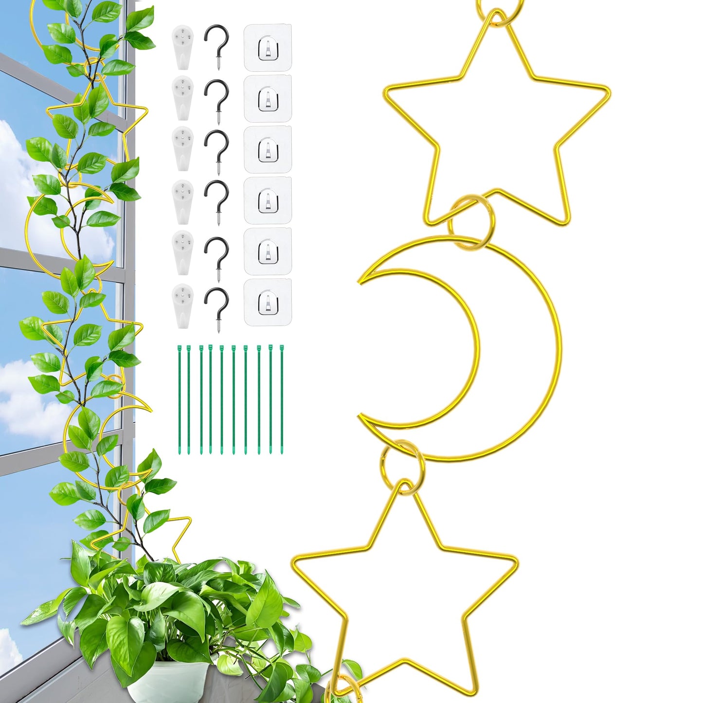20 Pcs Plant Trellis for Climbing Plants, Chain Trellis, Garden Plant Wall Trellis, Vine Support Houseplant Accessories for Monstera, Pothos, Ivy, Climbing Plants Indoor Outdoor (Gold Moon and Star)