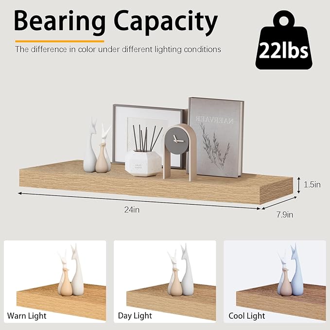 Oak Floating Shelves for Wall，24in Wall Mounted Display Ledge Shelves Perfect
