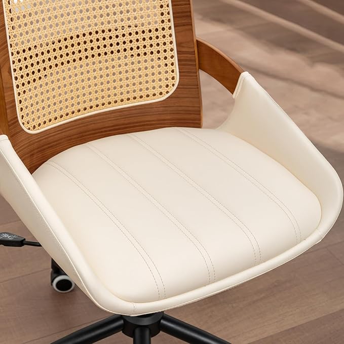 Home Office Desk Chair with Ergonomic Rattan Backrest, Walnut Crafts, Curved