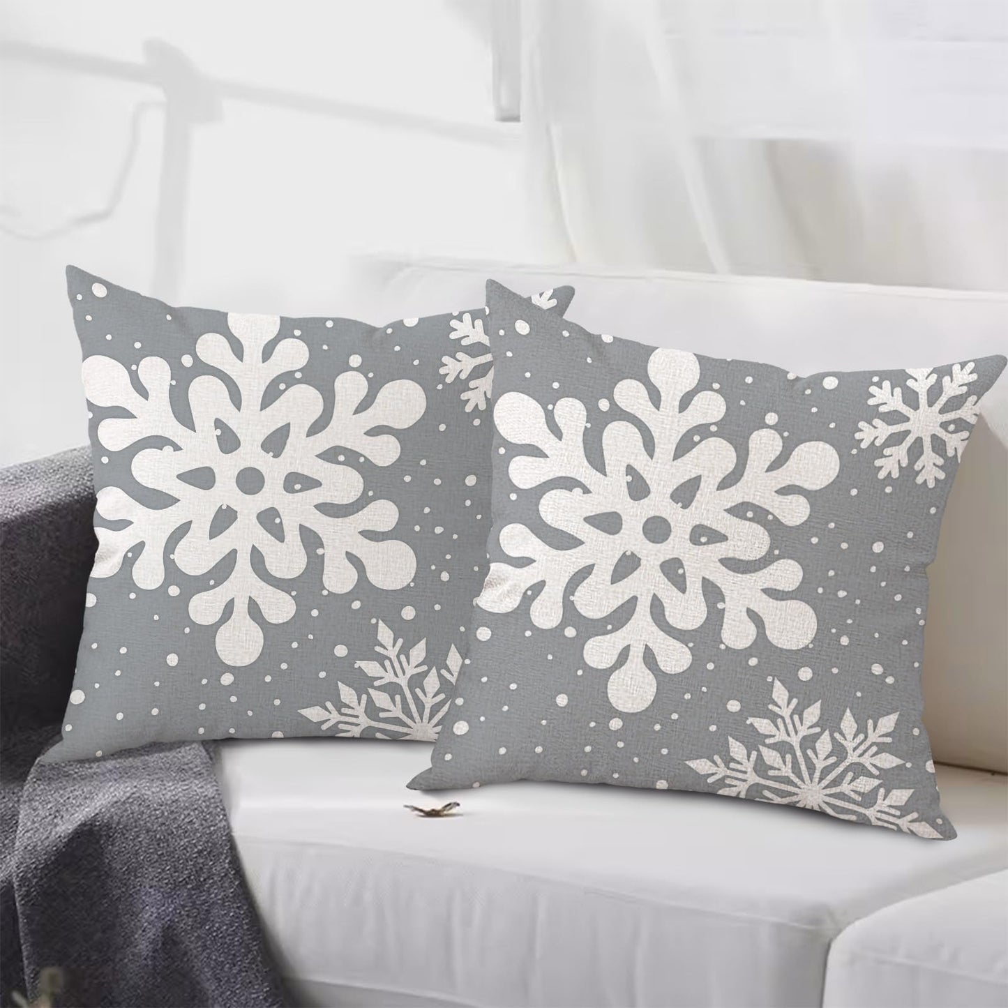 Gujiahone Green Christmas Pillow Covers 18x18 Inch Set of 2 Snowflakes Linen Square Winter Holiday Decoration Cushion Case for Sofa Couch Bed Living Room (Grey)