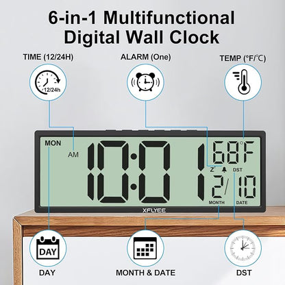 14.5'' Large Digital Wall Clock Battery Operated with Jumbo Numbers, Auto DST, Day, Date, Alarm, Temperature for Living Room, Bedroom, Desk Decor, Gift, LCD Screen Display Easy to Read and Set