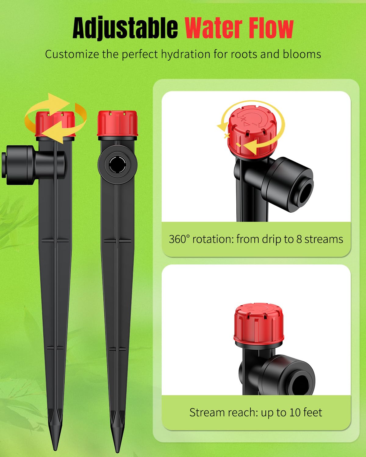 Pawfly 60 Pcs Push-to-Fit Drip Irrigation Emitters for 1/4 Inch Tubing, Drip Emitters Sprinklers with Stake & 8 Holes, Drip Irrigation System Parts with Adjustable Water Flow Irrigation Drippers, Red