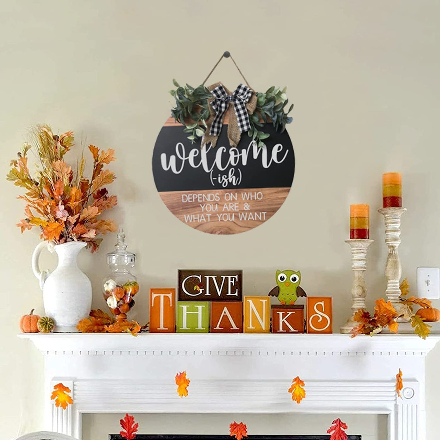 CHIJIRE Welcome Sign Front for Door Decoration, 12 in Round Wood Wreaths Wall Hanging Outdoor, Farmhouse, Porch, for Spring Summer Fall All Seasons Holiday Christmas