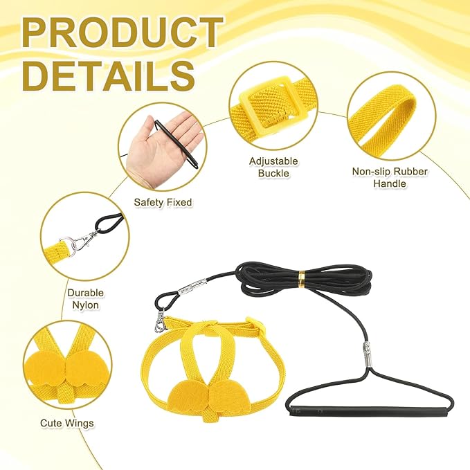 Bird Harness Leash, Adjustable Pet Parrot Bird Harness and Leash Lightweight Anti-Bite Flight Training Rope with Cute Wing, (Yellow, M), Intended for Parrots/Pigeons/Budgies