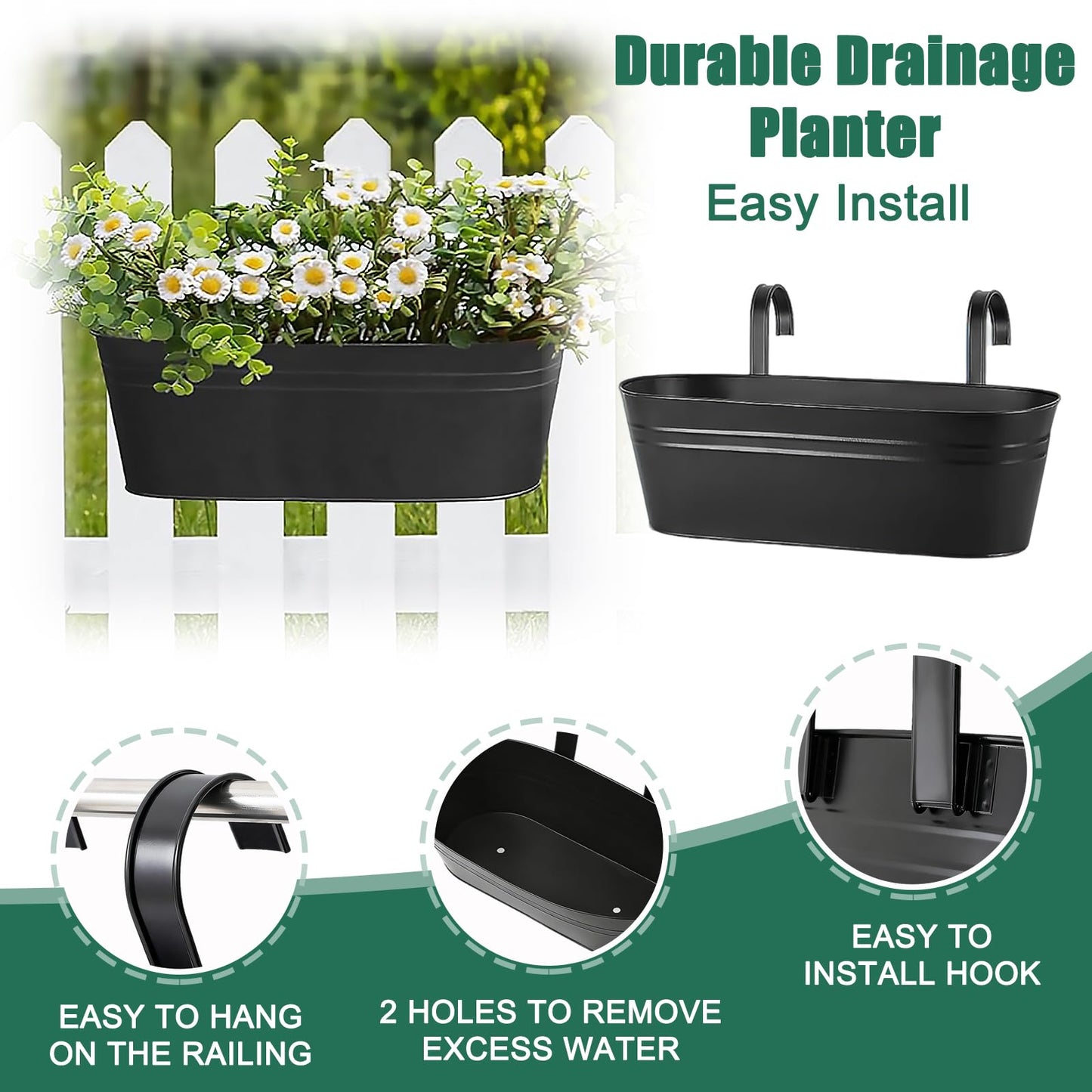MICOKAY 3 PCS Deck Planters for Railing, 16 Inch Porch Railing Planters with Detachable Hooks and Drain Holes, Oval Hanging Flower Pots for Fence Garden, Black Metal Outdoor Planter Boxes