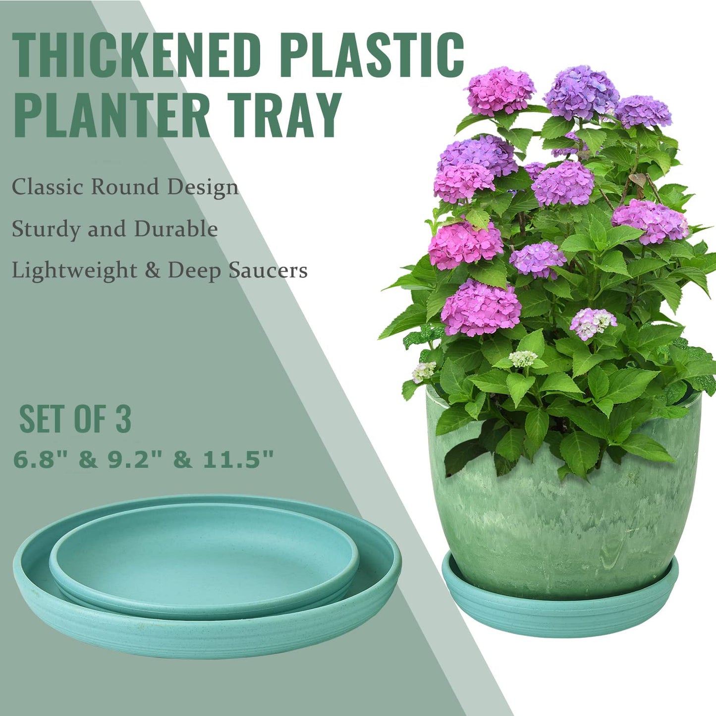 Sungmor Plastic Plant Saucer Drip Trays - Set of 3 (6.8" & 9.2" & 11.5") Emerald Green Plant Pot Saucers Plate - Round Flowerpot Drip Tray for Indoor & Outdoor Potted Plants