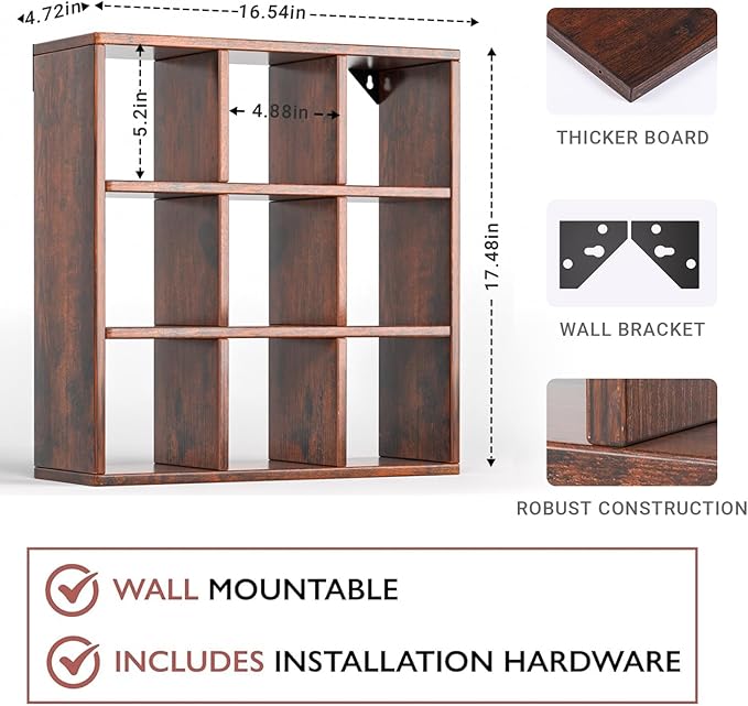 Helsin 9 Grid Vintage Coffee Mug Display Rack, 16inch Wall Mounted Wooden Curio