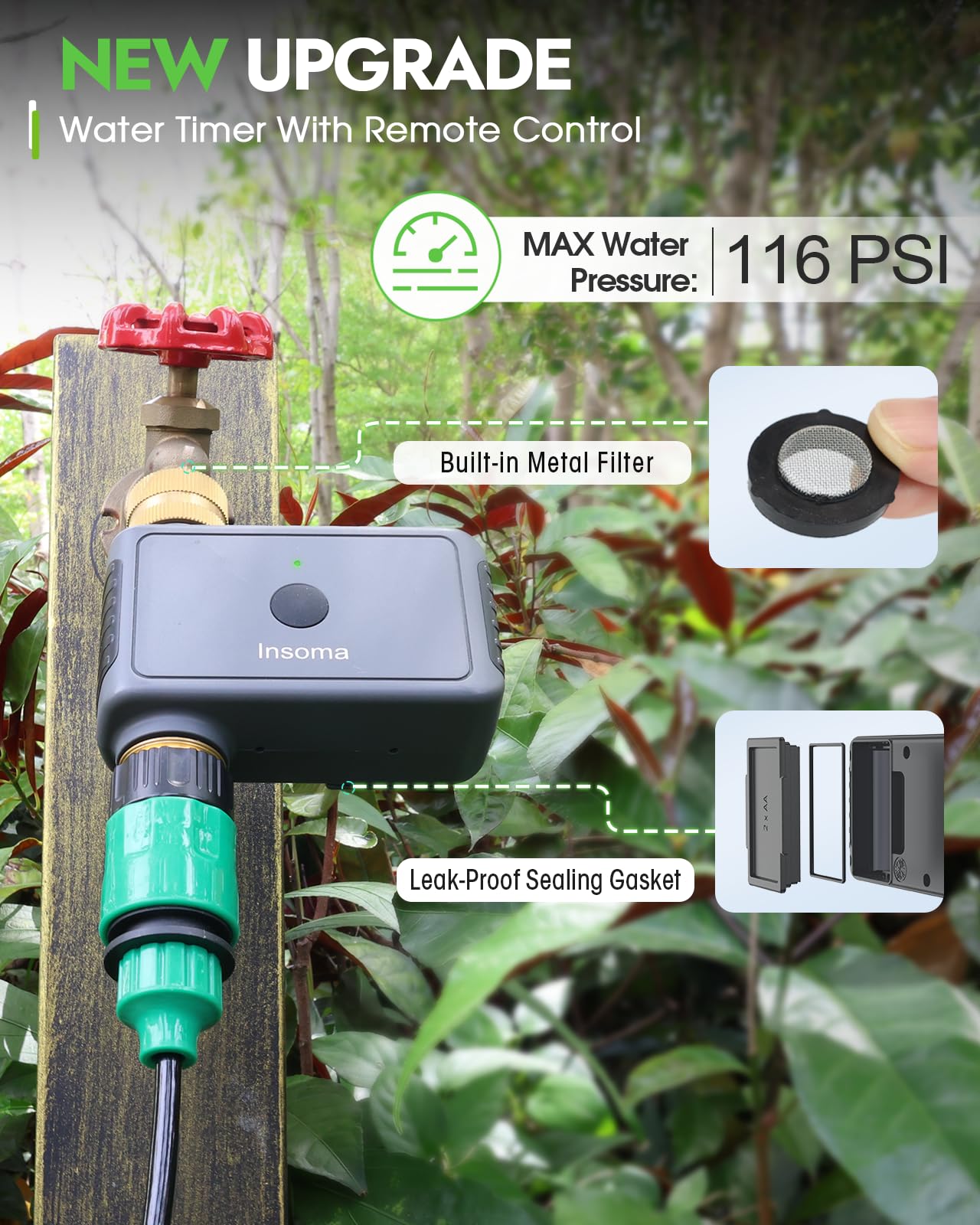 Insoma Remote Control Sprinkler Timer with Brass Inlet & Outlet, Garden Hose Timer Turns Water Off Automatically, Up to 120 Minutes of Run Time, for Faucet, Lawn, Drip, Soaker Hose, IP55 Waterproof