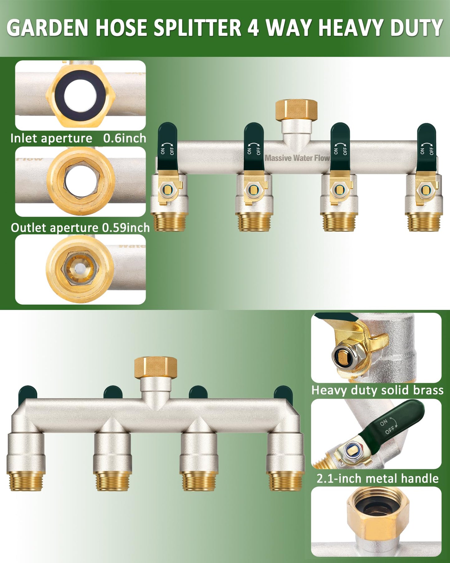 4 Way Hose Splitter, Heavy Duty Full Flow Garden Hose Splitter with 4 Large Metal Handles, Brass Water Hose Bib Splitter, T Adapter Connector with 3/4 - Inch GHT Thread (Green)