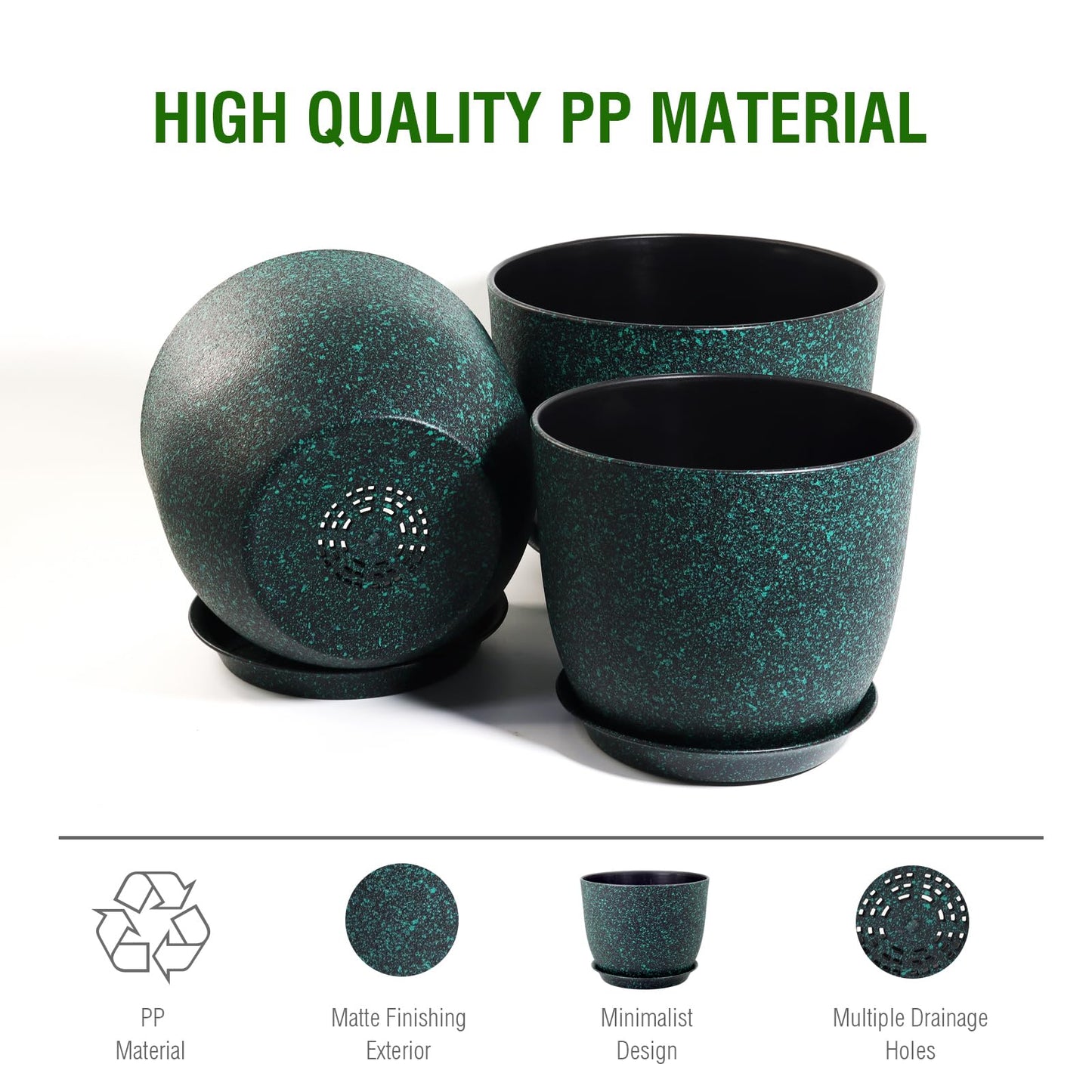 WSMKSZ Large Flower Pots 12/10/9 inch, Set of 3 Decorative Plastic Planters with Drainage Holes and Saucers for Garden House Plants, Plant Pots for Indoor Outdoor Plants, Black with Green Speckles
