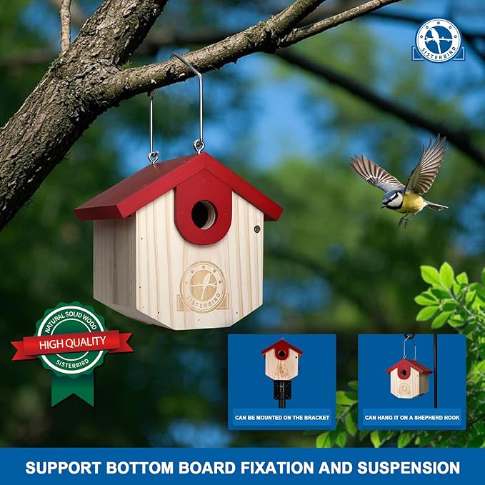 SISTERBIRD Wren Bird Houses for Outside Cedar Hanging Birdhouses for Outdoors 1-1/8" Entrance Hole Bird Houses for Outside Clearance Wooden Nesting Box Chickadee Predator Guard, Red