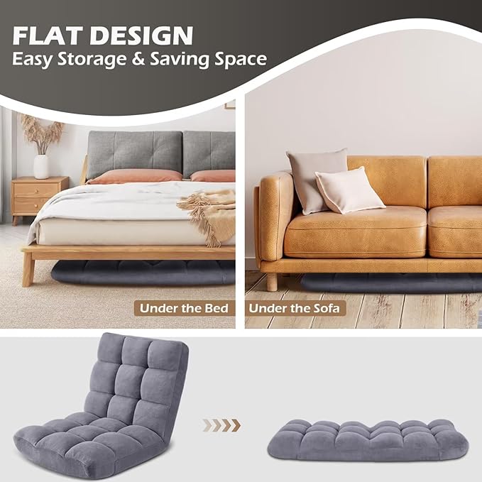 Folding Floor Gaming Chair 14-Poistion Cushioned Adjustable Floor Lazy Sofa