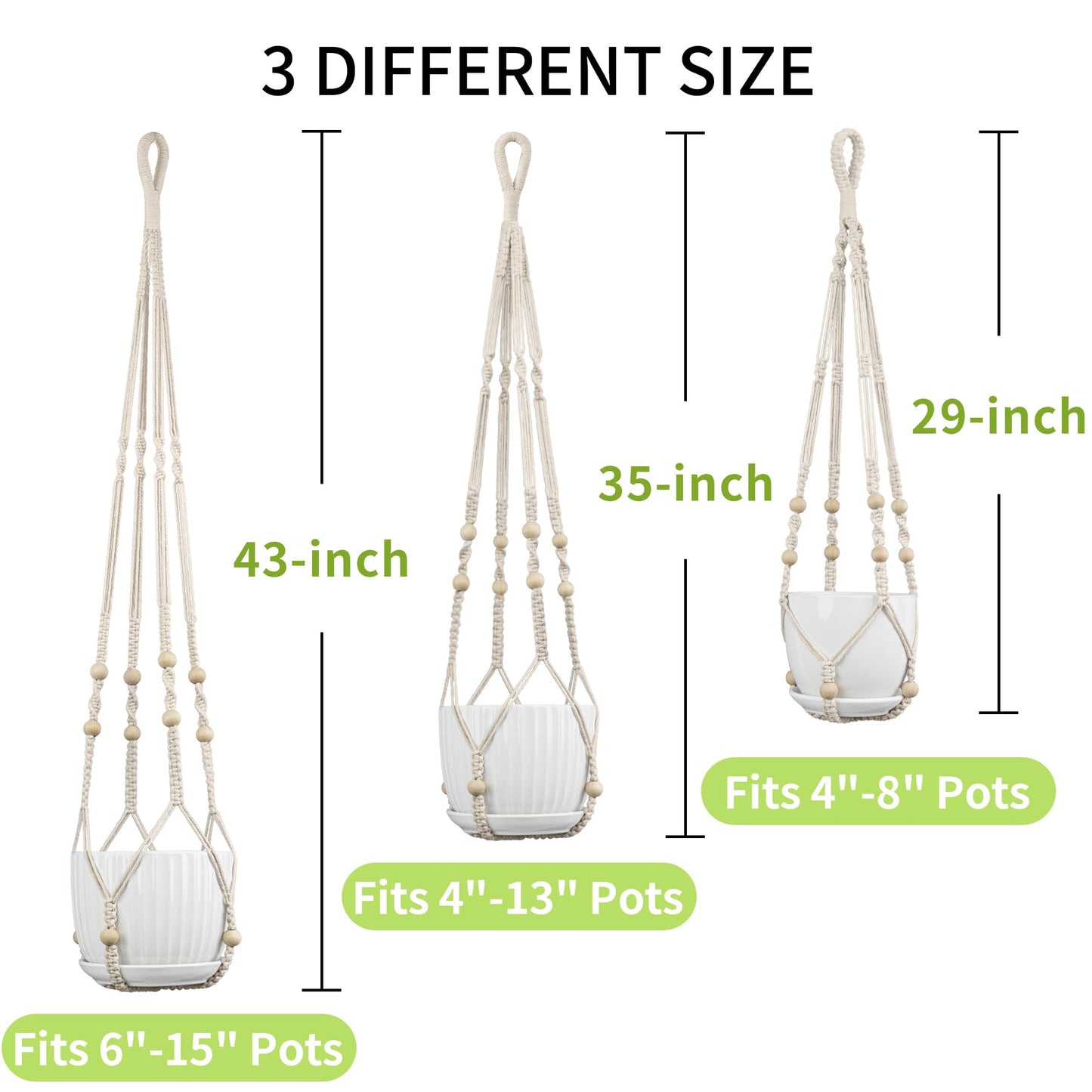 IDEEEPAN Macrame Plant Hanger - Fits 4 to 15 inches Pots for Indoor Outdoor, 43"/35"/29" Different Sizes Set, Ivory (POTS NOT Included)