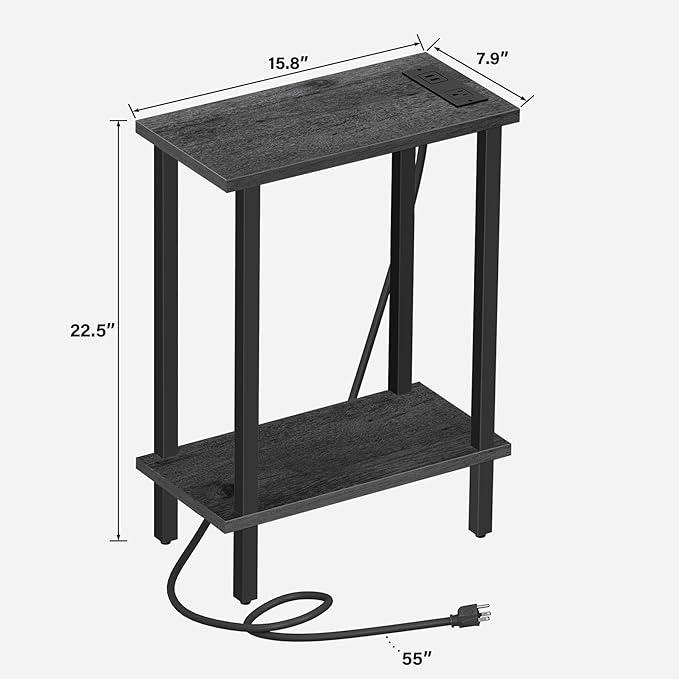 TUTOTAK Small End Table with Charging Station, Narrow Side Table with USB Ports