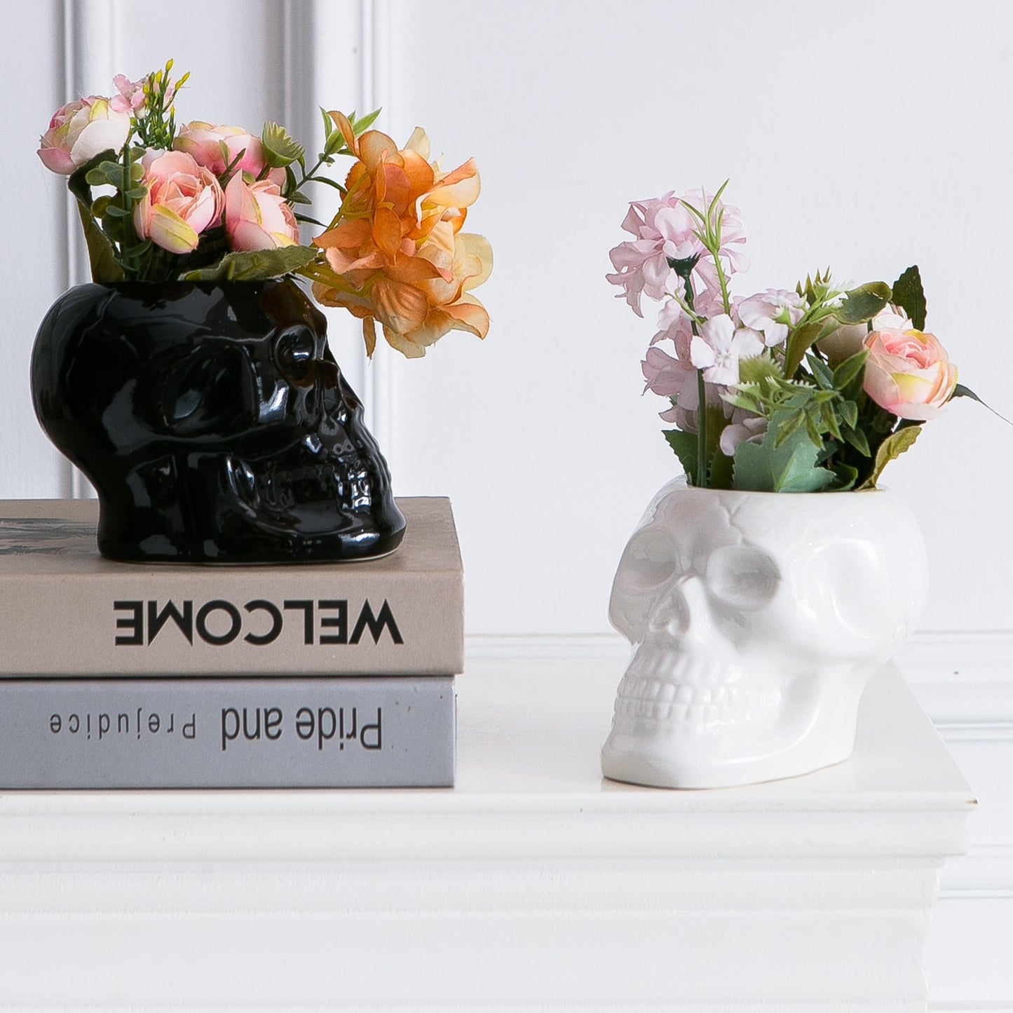 Tanvecle 2 Pcs Skull Planter Pots, Skeleton Vase/Bowl for Flowers, Succulent, Cactus and Candy, for Gothic Home Office Desk, Halloween and Day of The Dead Decorations - White and Black