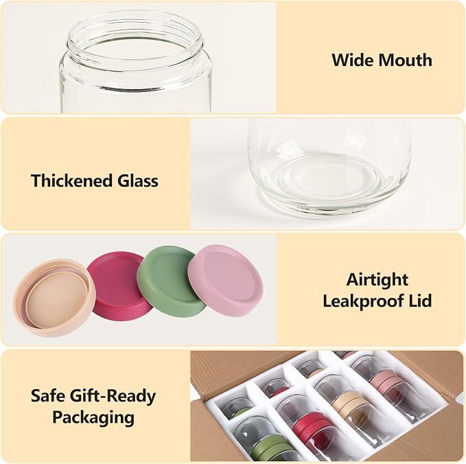 TBWIND 12 Pack Overnight Oats Containers with Lids, 16oz, 10oz & 4oz Glass Mason Jars with Airtight Lids, Wide Mouth Food Storage Containers for Yogurt, Chia Pudding, Meal Prep & Breakfast