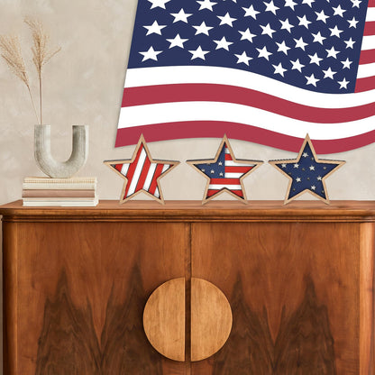 COCHIE 4th of July Decorations Wooden Stars, Patriotic Memorial Day Star Tiered Tray Decor Set of 3, Fourth of July Red White Blue Decoration for Home Office Table Shelf (Flag Hollow)