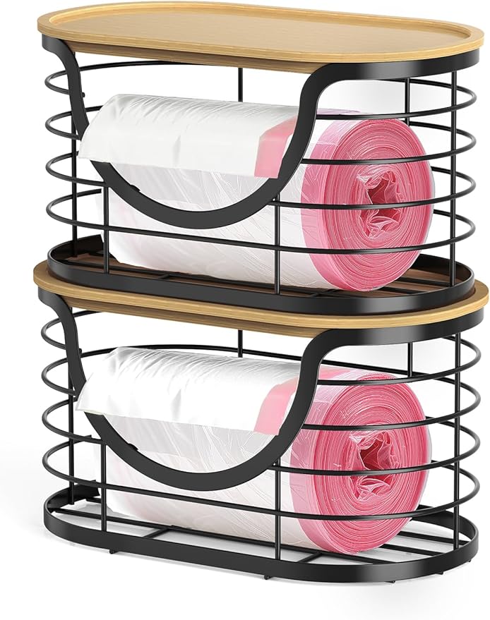 Haotao 2 Pack Trash Bag Holder，Stackable Trashbag Dispenser With Bamboo Lid，Wall Mount Garbage Bag Dispenser Organizer for Kitchen Laundry Room Under Sink