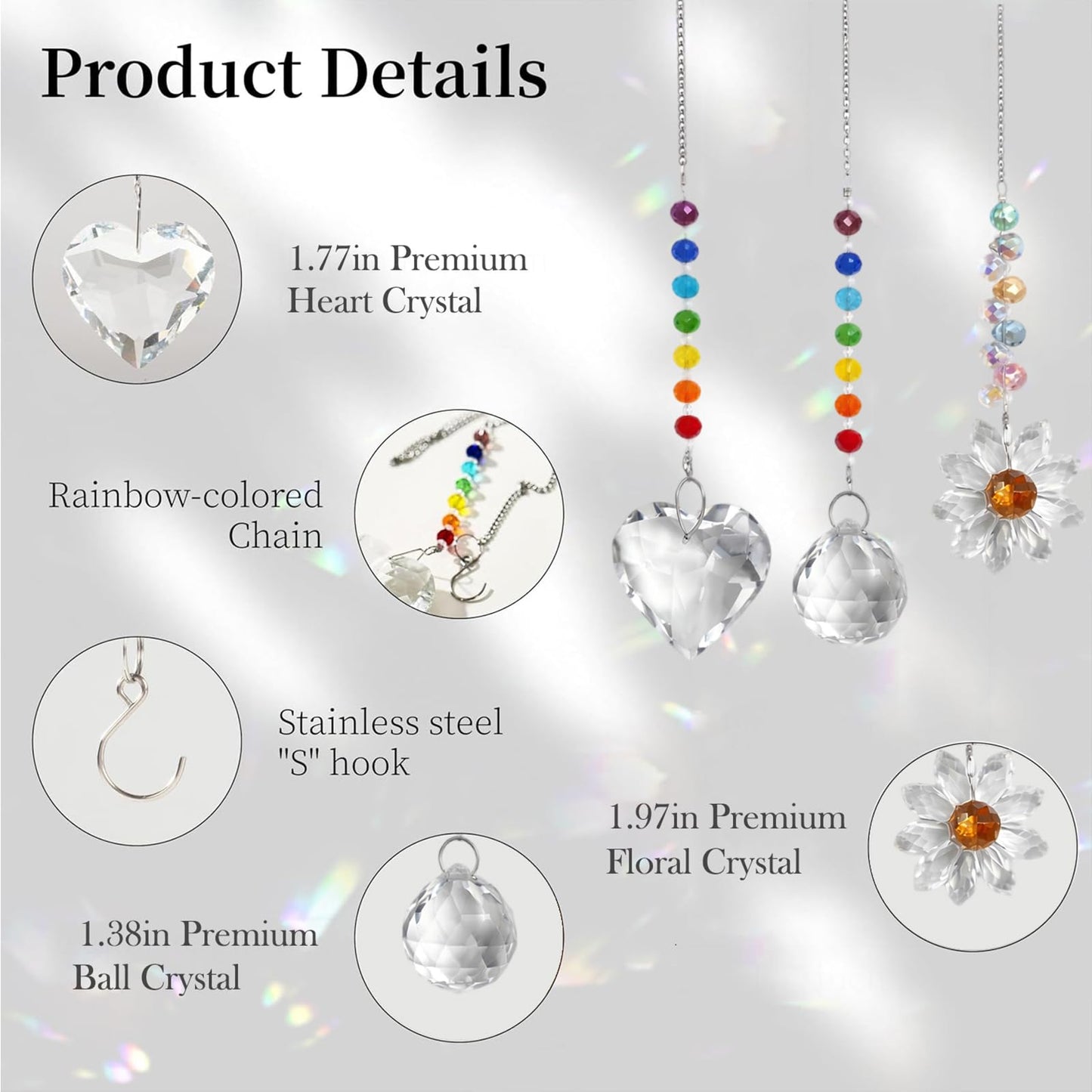 3Pcs Sun Catcher Crystals for Window Hanging, Prism Suncatcher with Chain Pendant Rainbow Maker for Windows Indoor Outdoor Car Mirror Garden Decor Wedding Party Xmas Gift