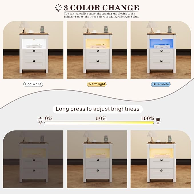 HWB LED Nightstand with Gun Drawer: Bedside Table with Charging Station