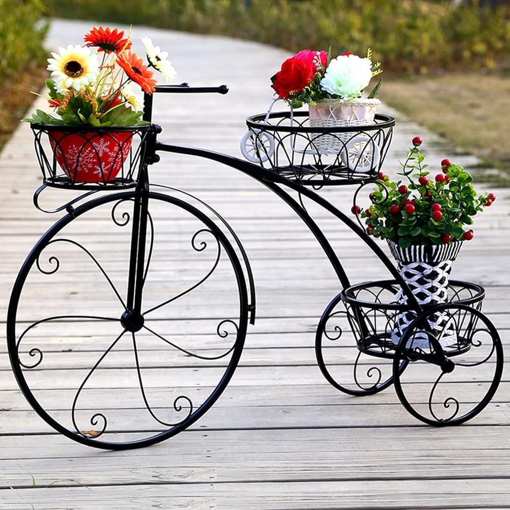 QUANBU Bicycle-Shaped Metal Planter Rack - 3-Tiered Plant Flower Display Stand, Indoor & Outdoor Garden Shelf Holder(Color:Black)