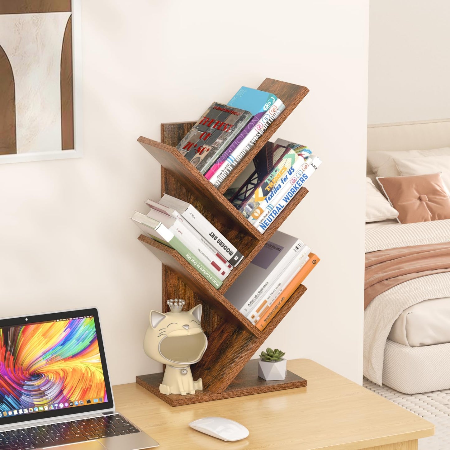 SHEEPAM 5 Tier Tree Book Shelf, Small Desktop Bookshelf with Storage Organizer, Wood Bookcase, Desk Display Bookshelves, Floor Standing Organizer Bookcases for Living Room,Bedroom,Office-Brown