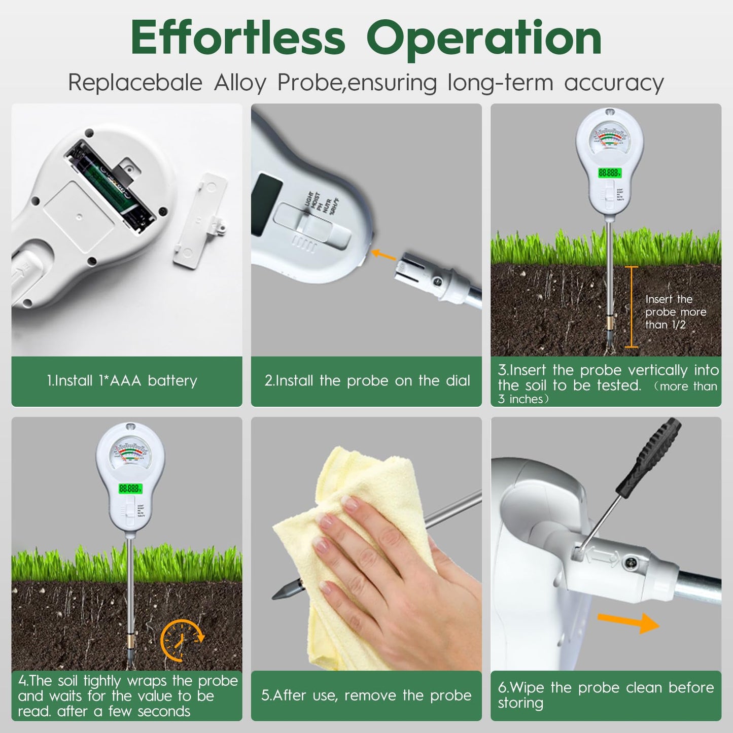 6-in-one Soil Test Kit-Soil Moisture Meter/PH Meter/Fertility/Sunlight Intensity Soil Tester, LCD Air Hygrometer&Temperature Moisture Meter for Plants-Garden, Lawn,Farm,1 Pack Detachable Probe