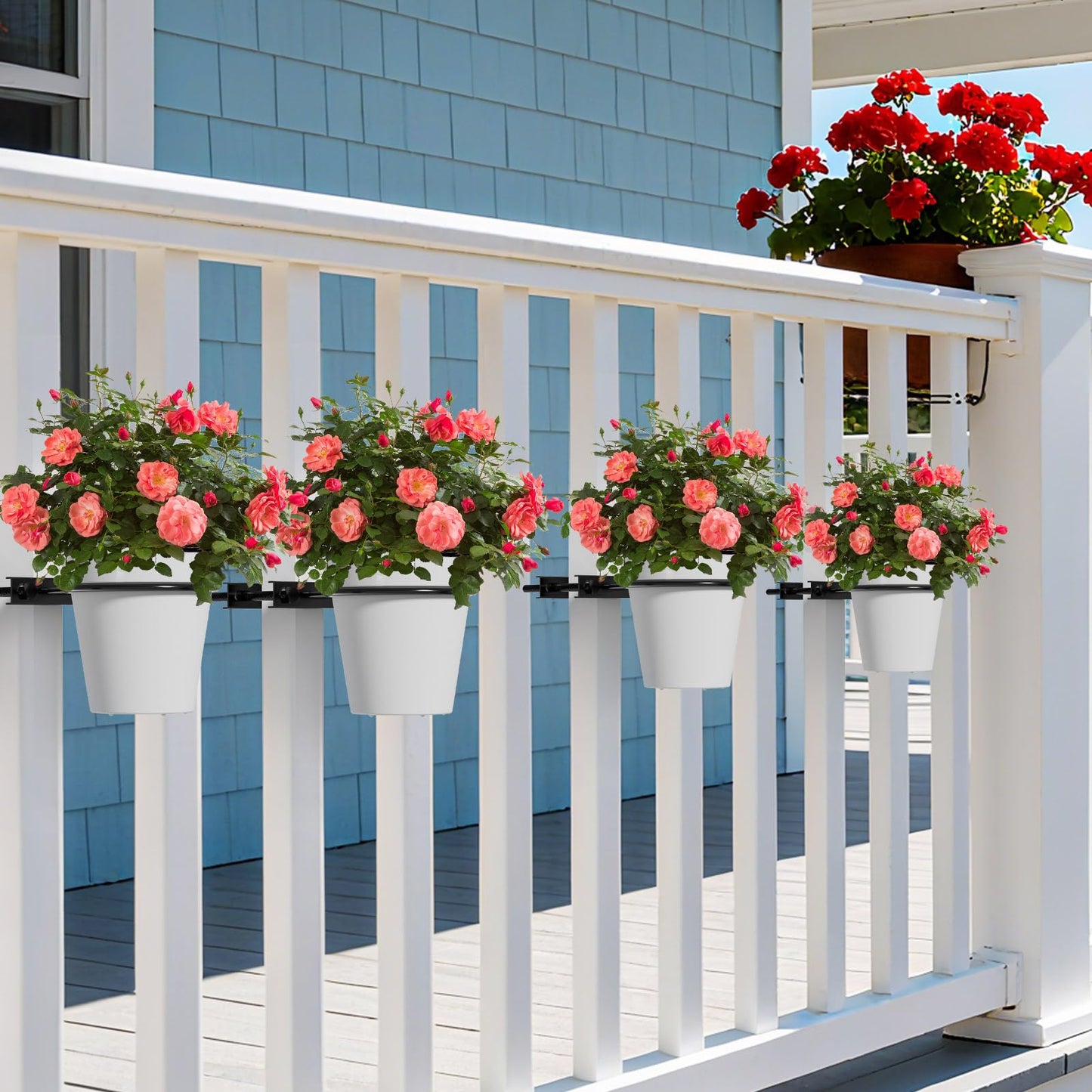 Xbpeuy Hanging Flower Pots Holder, 2 Set Deck Railing Plant Container Holder with Pot, Pipe Clip Fence Planters Tray for Indoor & Outdoor Fence Balcony Patio Porch Railing