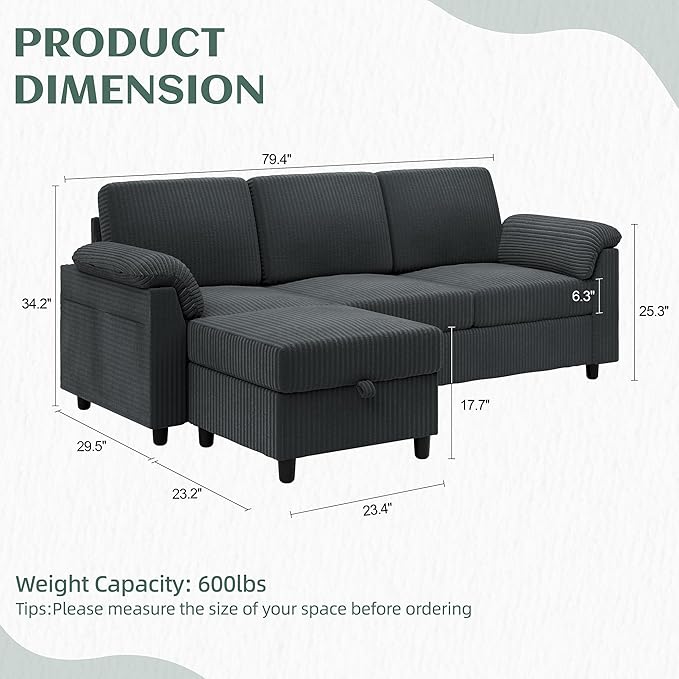 Vongrasig Convertible Sectional Sofa Couch, 3 Seat L Shaped Sofa