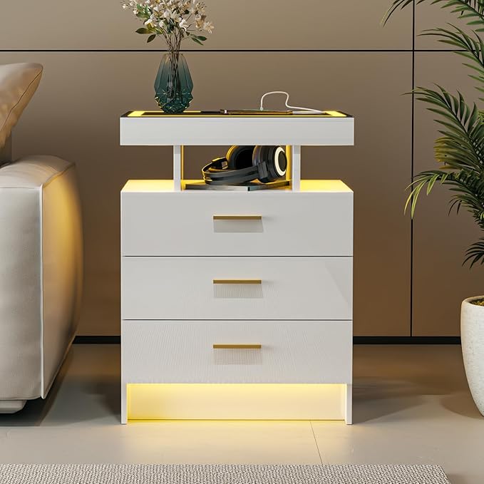 White Night Stand with Wireless Charging Station, Smart Bedside Table with 3