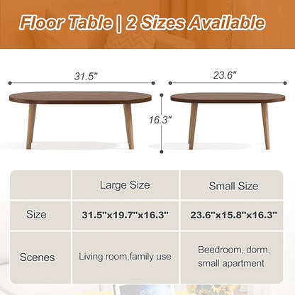 Coffee Table Low Table with Solid Wood Legs, 31.5x19.7 Large Coffee Table Side Table, Floor Table Desk for Sitting on The Floor, Living Room Furniture for Office Apartment Home, Oval Walnut