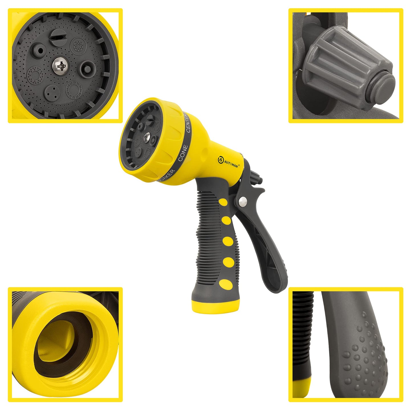 AUTOMAN-Garden-Hose-Nozzle,ABS Water Spray Nozzle with Heavy Duty 7 Adjustable Watering Patterns,Slip Resistant for Watering Plants,Lawn& Garden,Washing Cars,Cleaning,Showering Pets - Yellow