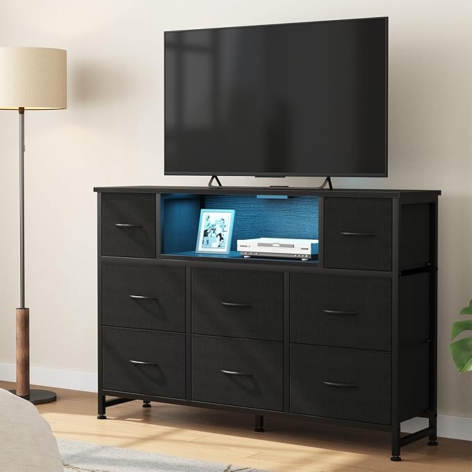 DUMOS TV Stand Dresser with 8 Fabric Drawers and Open Shelves, LED