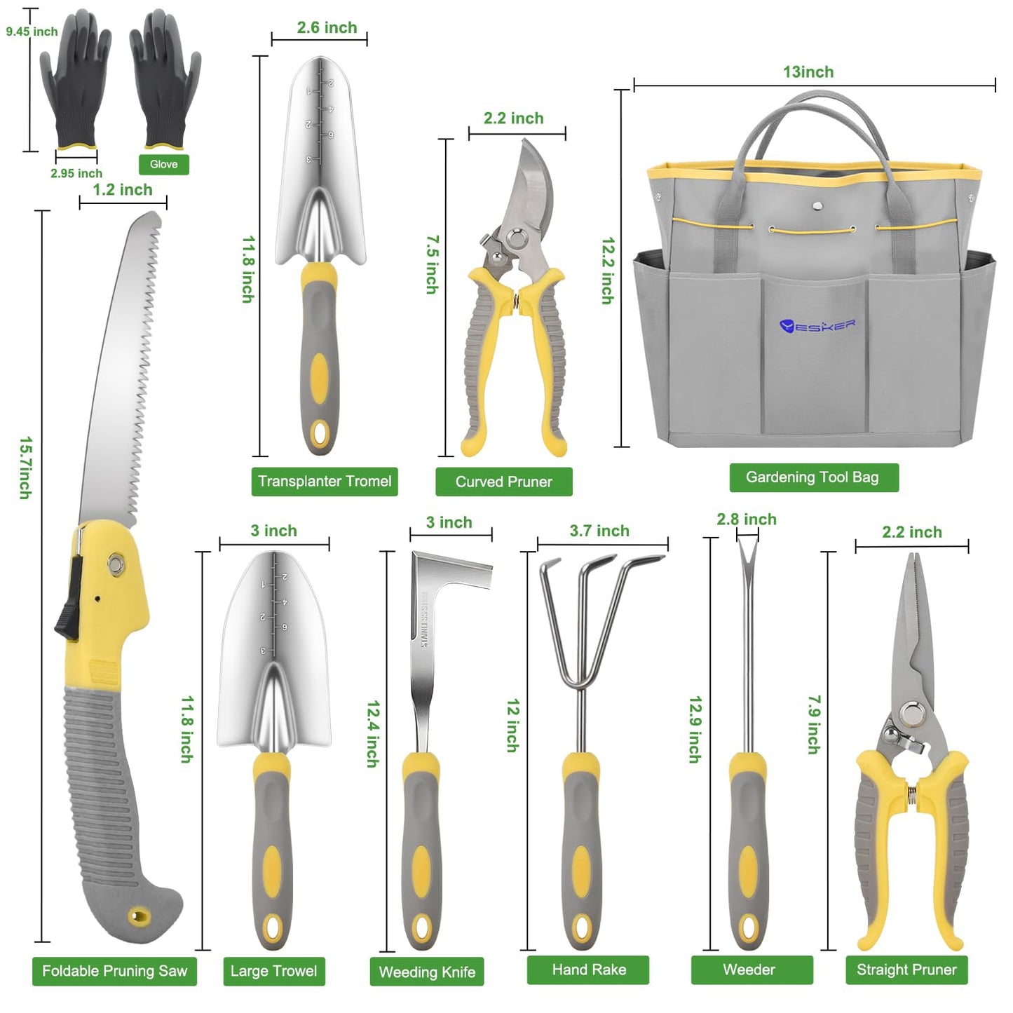 Yesker Gardening Tools 10-Piece Heavy Duty Garden Tool Set Gardening Supplies Gifts for Women Men Gardening Hand Tool Kit w Non-Slip Ergonomic Handle, Garden Bag, Durable Gloves, Pruning Shears, Gray