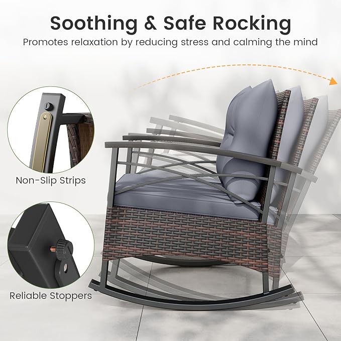Tangkula 3 Pieces Outdoor Rocking Chairs Set, Rattan Heavy Duty Cushioned