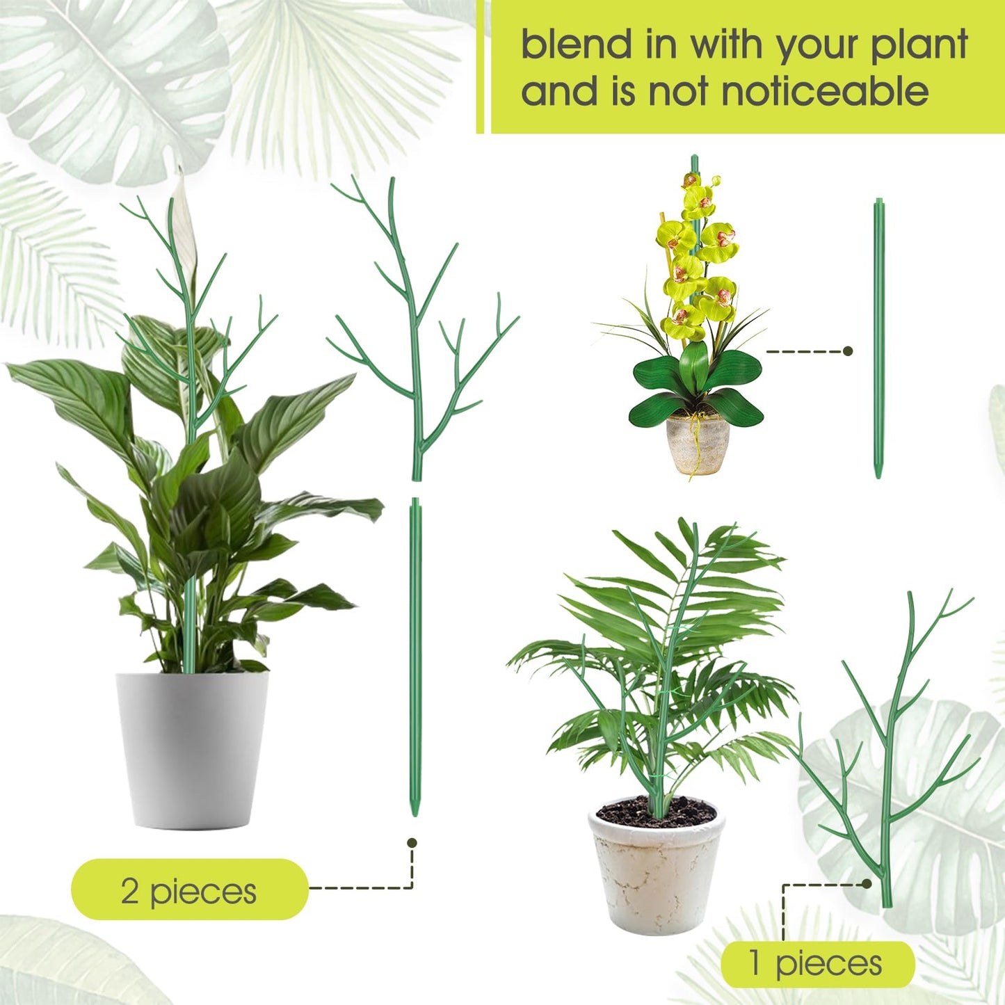 10 Pack Plant Support Stakes for Indoor Plants, 27.56 Inch Twig Plant Sticks with Orchid Clips Twist Ties and Plant Ties for House Potted Plants and Flower, Plastic Branches Support Structures, Green