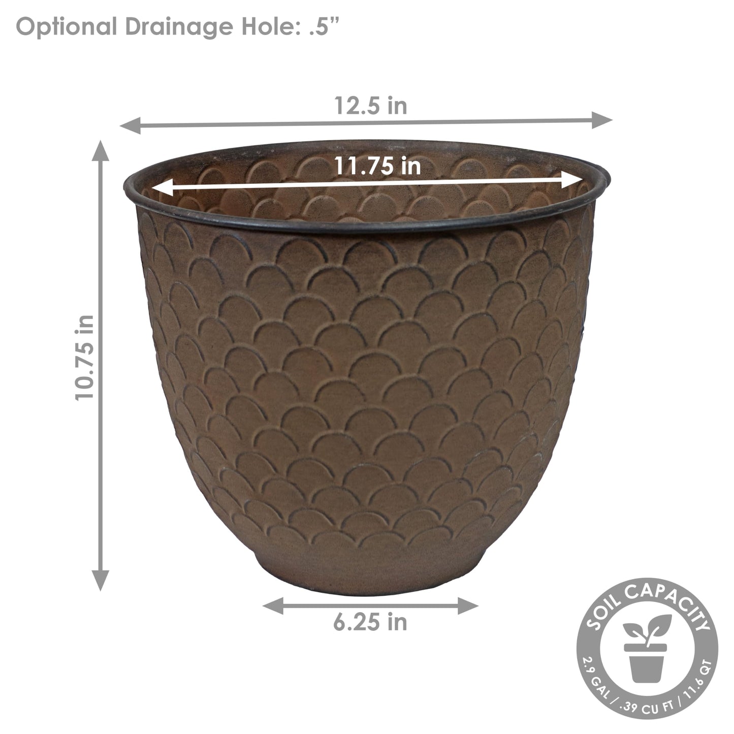 Sunnydaze Dinah 12.5" Metal Outdoor Plant Pot Set with Drainage Holes and Rubber Plugs - Matte Brown - Set of 2
