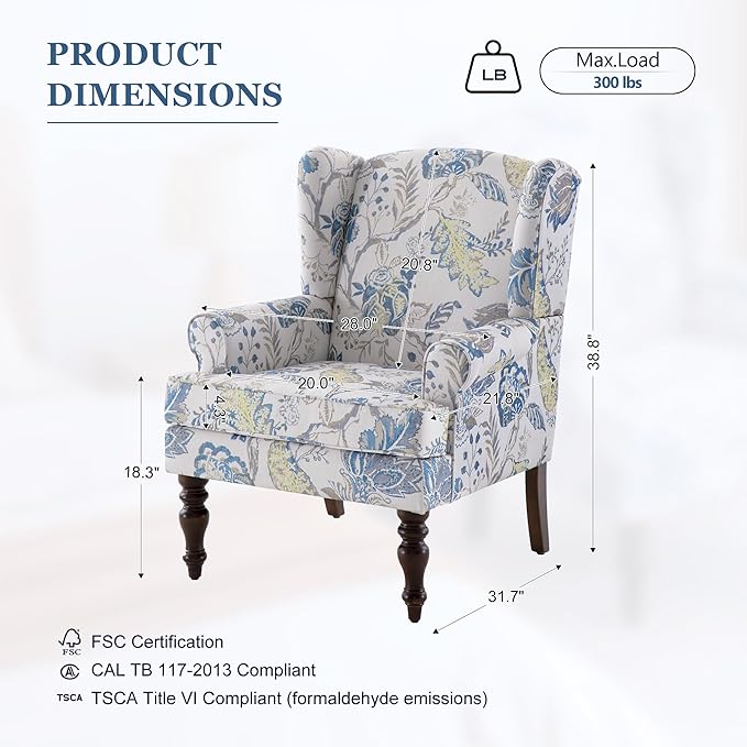 HUIMO Printed Wingback Accent Chair, Linen Upholstered High Back Armchair