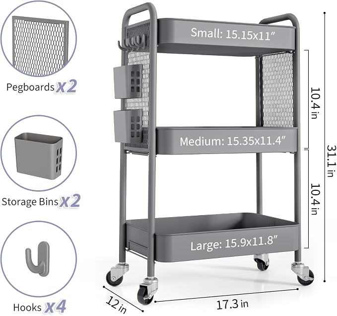 TOOLF 3 Tier Rolling Cart Storage Organizer, Metal Rolling Utility Cart with Wheels, Hooks & Bins Esthetician Craft Art Sturdy Storage with Pegboard for Bathroom, Kitchen, Office, Nursery Diaper