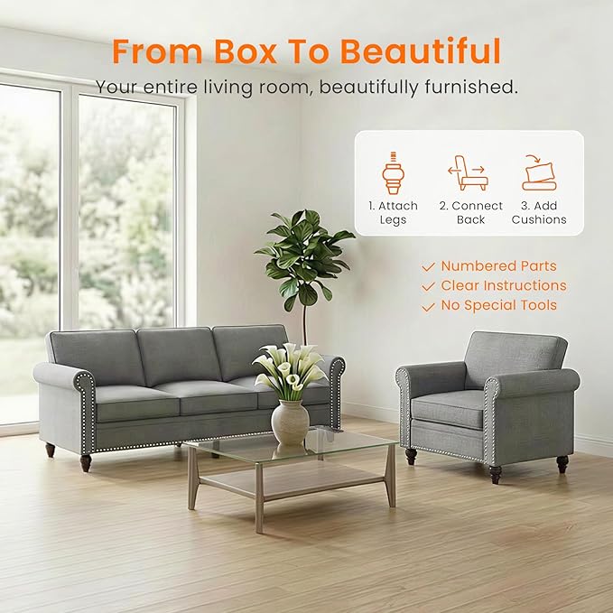 2 Piece Living Room Sofa Sets, Modern 3 Seater Couch and Armchair Sets