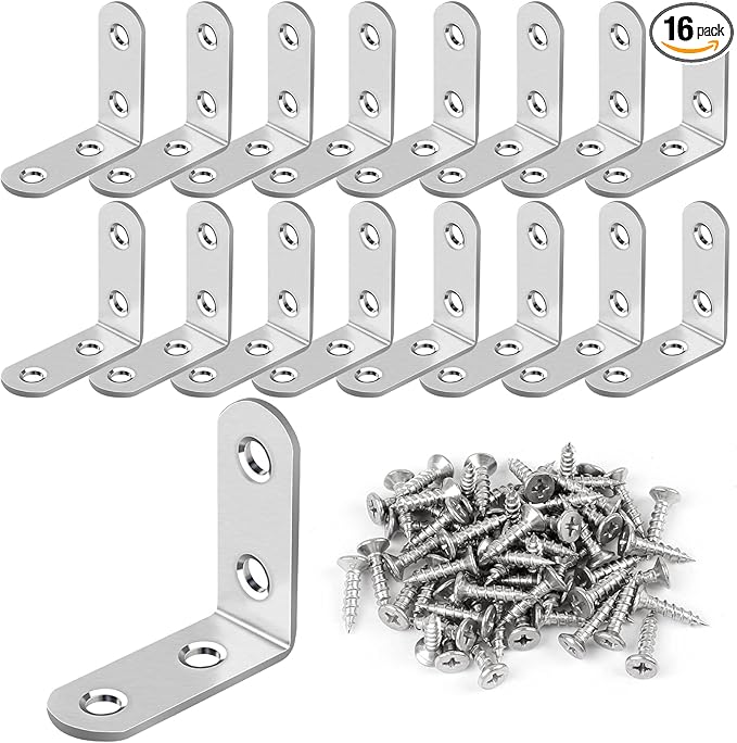 16 Pcs L Bracket Stainless Steel Corner Brace Sets, 90 Degree Right Angle