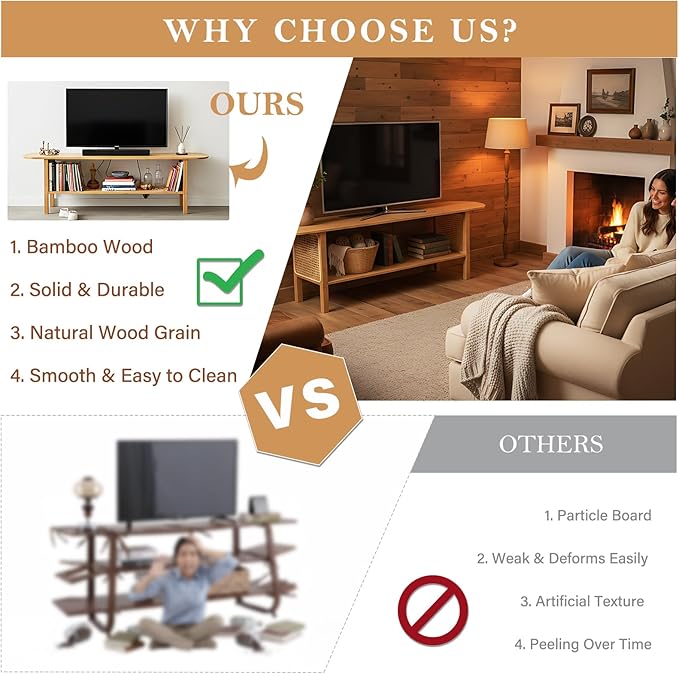 Tiita TV Stand with Storage for TVs up to 65'', Bamboo TV Console Entertainment