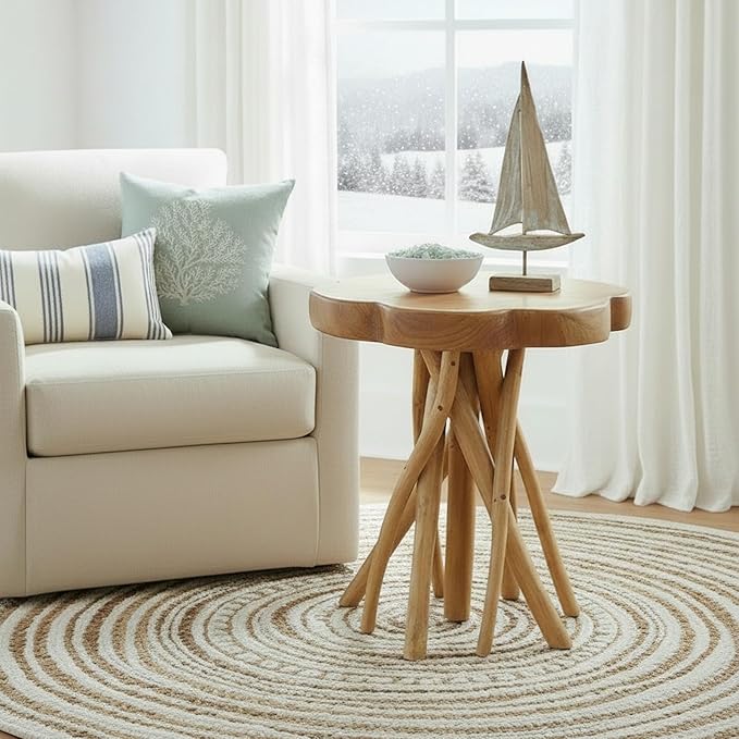 WELLAND Solid Teak Live Edge End Table, Small Accent Table, Plant Stand