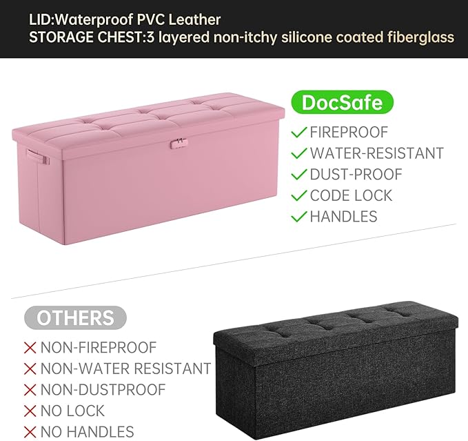 DocSafe Storage Ottoman Bench, Fireproof＆Waterproof Folding Bench
