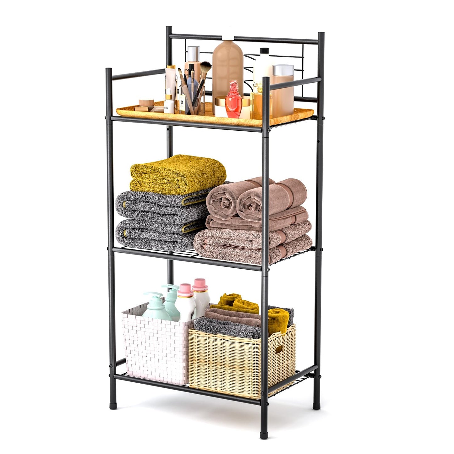 LEEDA 3-Tier Freestanding Multipurpose Storage Shelves Heavy Duty Metal Shelving Unit, Display Plants Flowers Bath Essentials, for Kitchen Bathroom Office, Black