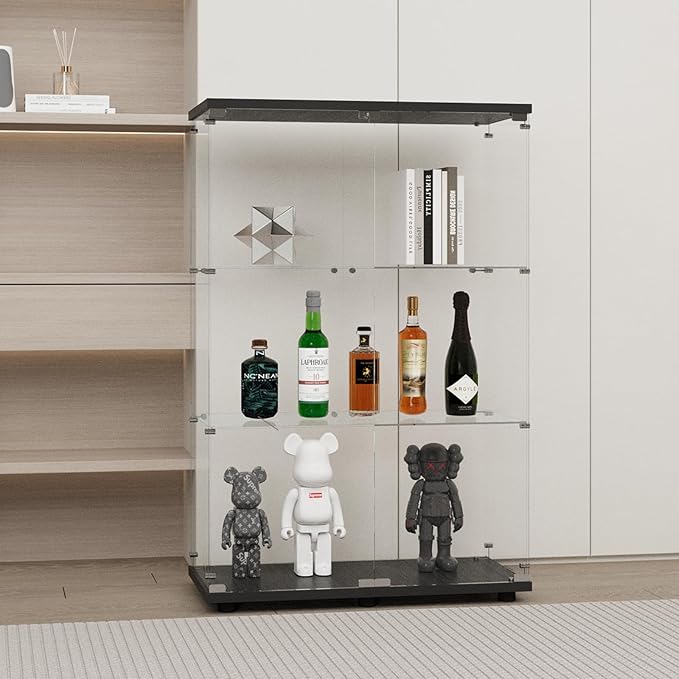 Display Cabinet with Glass Door and Lock, 3-Shelf Fast Installation Curio