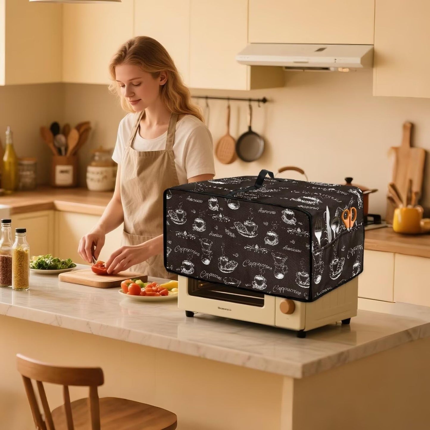 Pzuqiu Coffee Pattern Bread Machine Dust Cover with Multiple Pockets Anti Greasy Dustproof Bread Maker Dust Covers Fingerprint Protection Machine Washable
