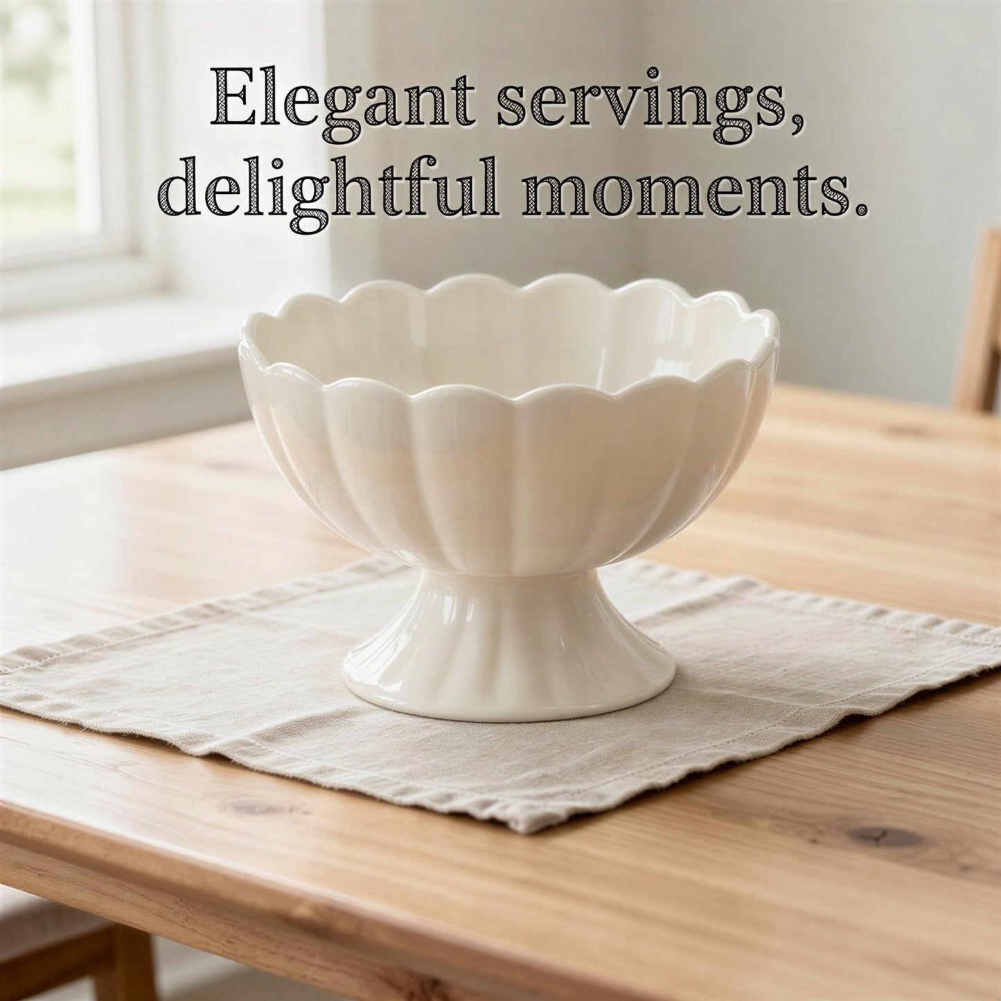 4 Pcs Ceramic Dessert Bowls Set, Elegant Scalloped Rim Pedestal Cups with 4 Spoons, 6.76 fl oz Small Dessert Bowls, Smooth Finish, Easy Clean, 4.5 x 3.5 in for Ice Cream, Snacks, Puddings, White